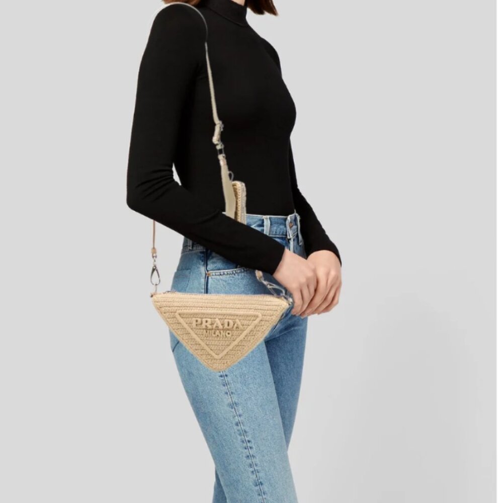 ***SOLD**Prada Beige Raffia Triangle Shoulder Bag NWT and dustbag $3500 SOLD OUT